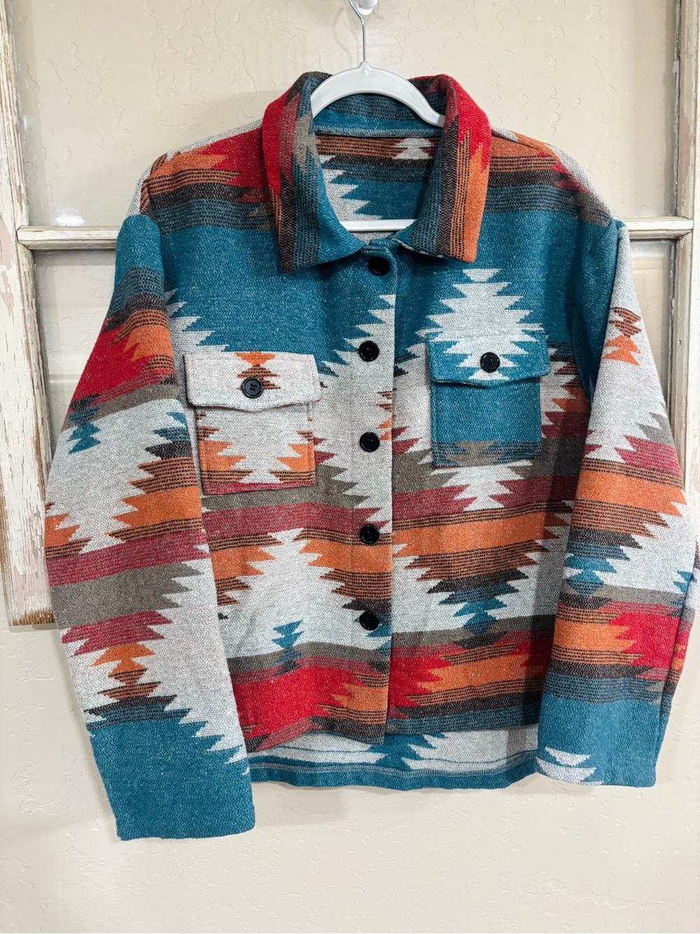 Aztec-Pattern Jean Jacket in Teal & Rust - Picture 3 of 3